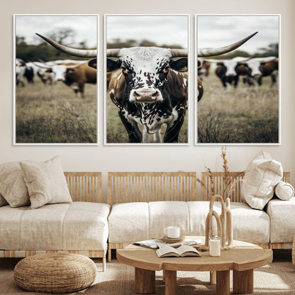 79025945-MGV-CV-36X24-Texas Longhorn Wall Art Canvas Print, Framed Speckled Cow Art Picture Print, Horned Cattle Perfect Rustic Western Decor Artwork