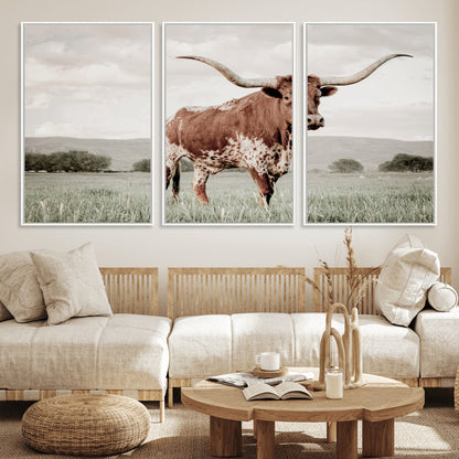 28309012-MGV-FC-60X30-3P_White-Texas Longhorn Wall Art Canvas Print, Framed Spotted Cattle Art Picture Print, Horned Bull Perfect Rustic Western Decor Artwork