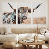 70414966-MGV-FC-60X30-3P_White-Texas Longhorn Wall Art Canvas Print, Framed Speckled Cow Art Picture Print, Horned Bull Perfect Rustic Western Decor Artwork