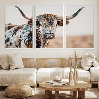 70414966-MGV-FC-60X30-3P_White-Texas Longhorn Wall Art Canvas Print, Framed Speckled Cow Art Picture Print, Horned Bull Perfect Rustic Western Decor Artwork