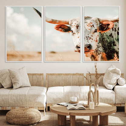 72766375-MGV-FC-60X30-3P_White-Texas Longhorn Wall Art Canvas Print, Framed Spotted Cow Art Picture Print, Horned Cattle Perfect Rustic Western Decor Artwork