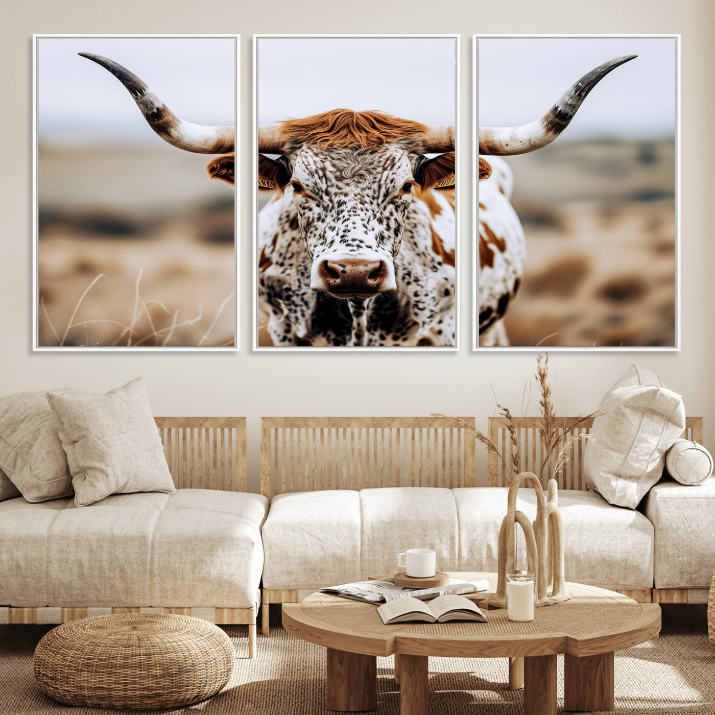 76294381-MGV-CV-36X24-Texas Longhorn Wall Art Canvas Print, Framed Spotted Cow Art Picture Print, Horned Cattle Perfect Rustic Western Decor Artwork