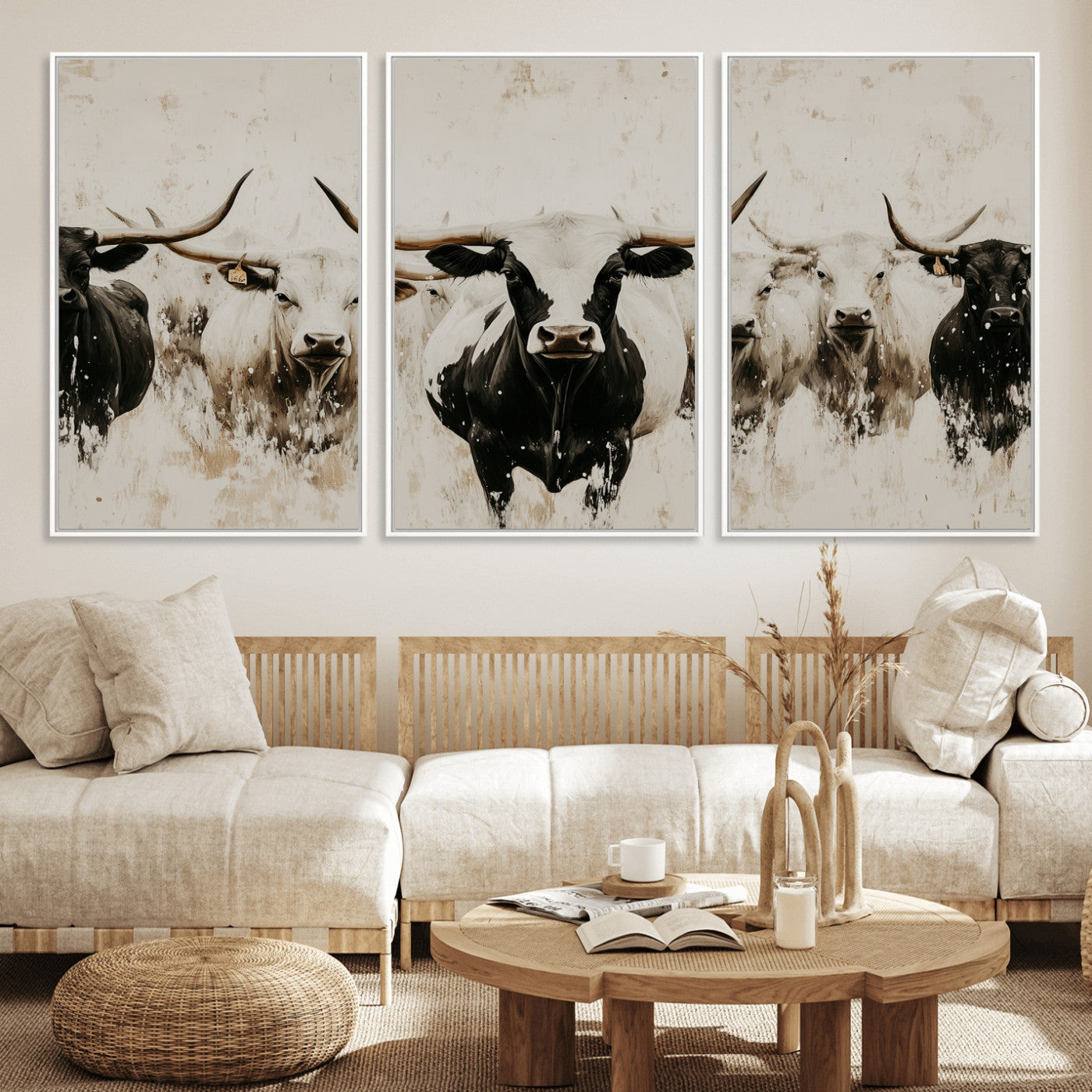 12027562-MGV-FC-60X30-3P_White-Longhorn Cattle Wall Art Canvas Print, Framed Bison Herd Art Picture Print, Cattle Group Perfect Rustic Farmhouse Decor Artwork