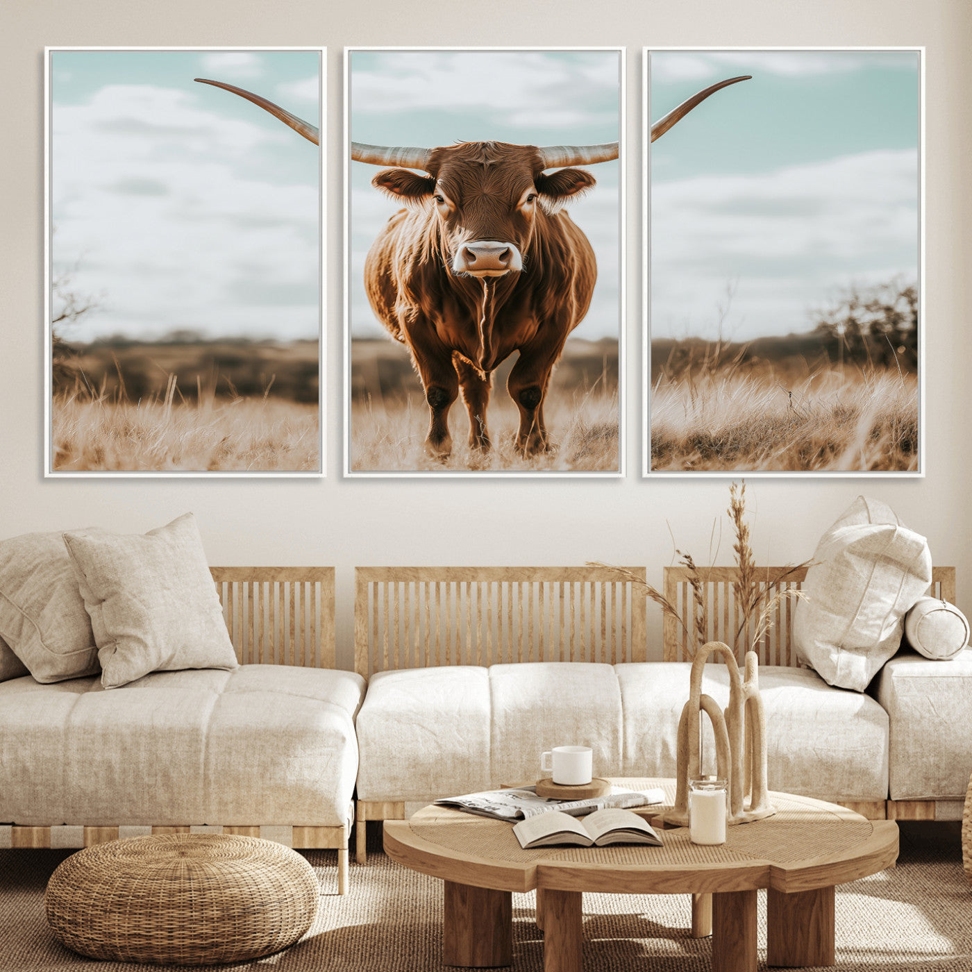 39350715-MGV-FC-60X30-3P_White-Texas Longhorn Wall Art Canvas Print, Framed Longhorn Cow Art Picture Print, Western Cattle Perfect Rustic Western Decor Artwork