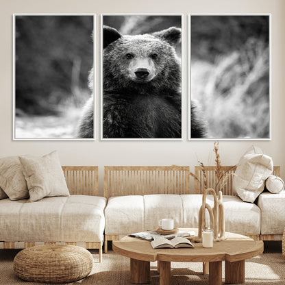 MGV-FC-60X30-3P - Grizzly Bear Wall Art Canvas Print, Framed Black White Bear Art Picture Print, Wild Bear Perfect Rustic Wildlife Decor Artwork