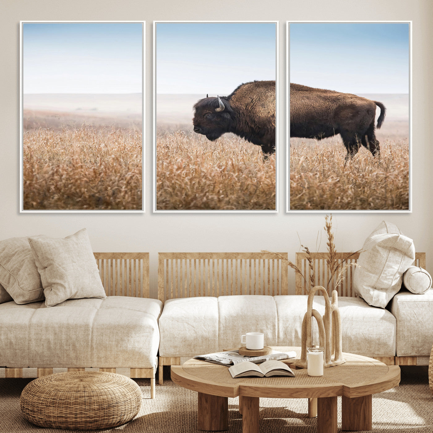 91267849-MGV-CV-36X24-Wild Bison Wall Art Canvas Print, Framed Bison in Prairie Art Picture Print, Rustic Western Perfect Rustic Western Decor Artwork