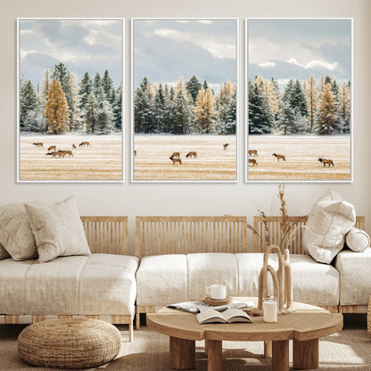 64188182-MGV-FC-60X30-3P_White-Elk Herd Wall Art Canvas Print, Framed Snowy Forest Art Picture Print, Forest Elks Perfect Neutral Rustic Decor Artwork