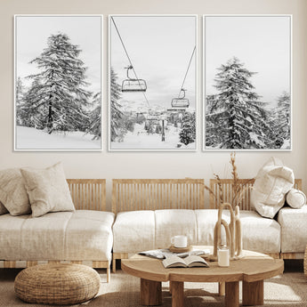55003599-MGV-FC-60X30-3P_White-Snowy Ski Lift Wall Art Canvas Print, Framed Winter Forest Art Picture Print, Ski lift Ride Perfect Winter Lodge Decor Artwork