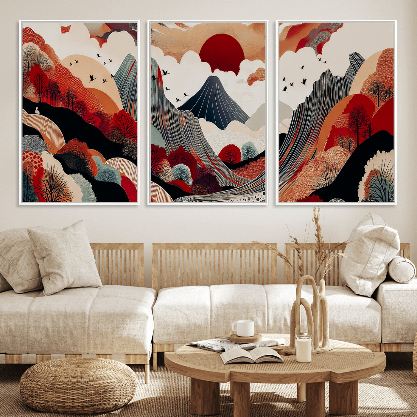 59495752-MGV-FC-60X30-3P_White-Abstract Mountain Wall Art Canvas Print, Framed Vibrant Landscape Art Picture Print, Nature Drawing Perfect Contemporary