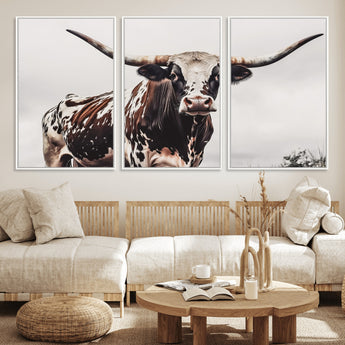 95249234-MGV-FC-60X30-3P_White-Texas Longhorn Wall Art Canvas Print, Framed Spotted Bull Art Picture Print, Horned Cattle Perfect Rustic Farmhouse Decor Artwork