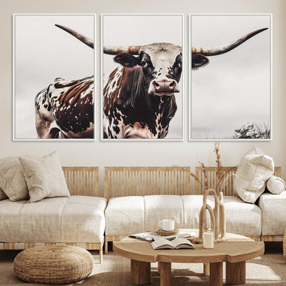 95249234-MGV-FC-60X30-3P_White-Texas Longhorn Wall Art Canvas Print, Framed Spotted Bull Art Picture Print, Horned Cattle Perfect Rustic Farmhouse Decor Artwork