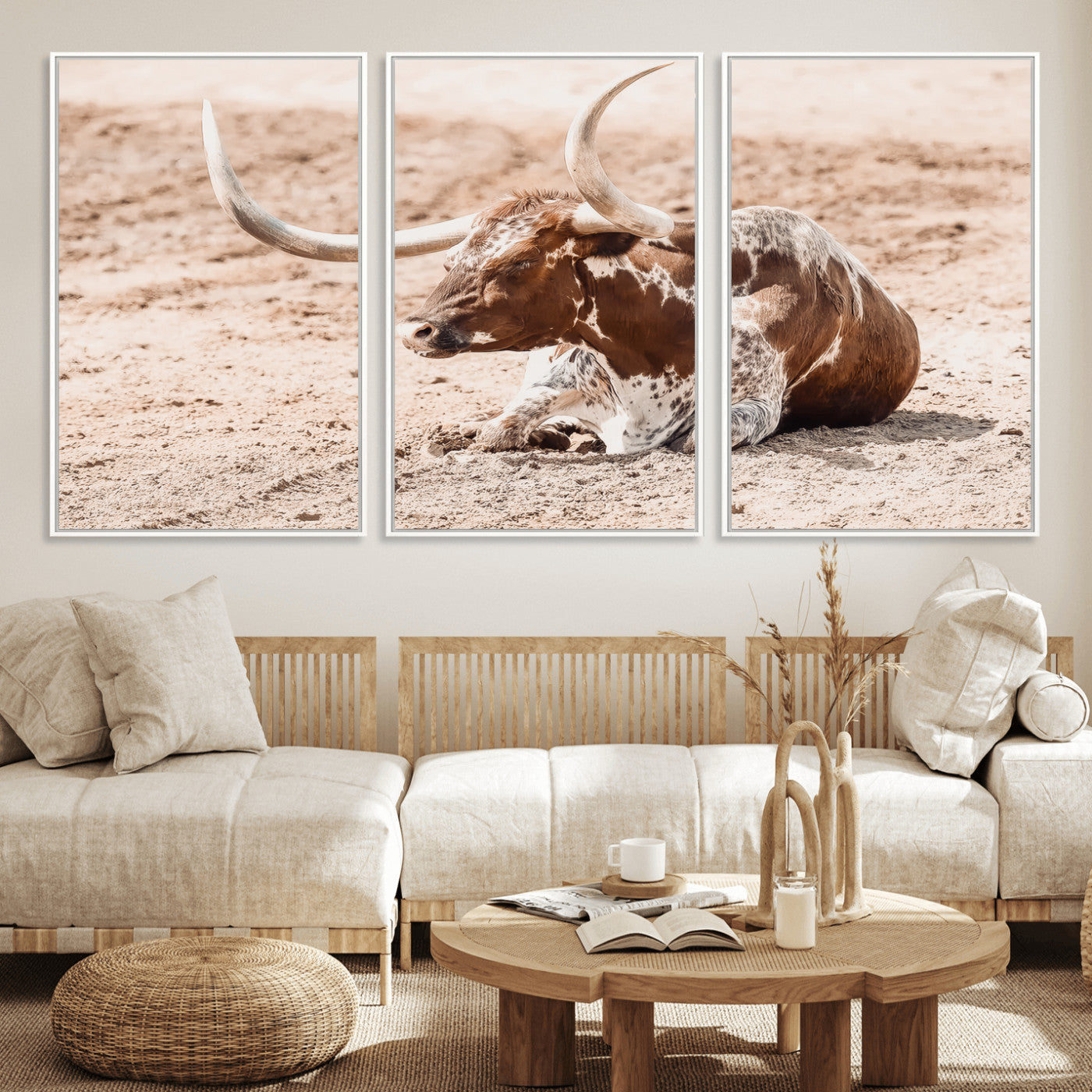 91248682-MGV-FC-60X30-3P_White-Texas Longhorn Wall Art Canvas Print, Framed Resting Bull Art Picture Print, Spotted Cattle Perfect Rustic Western Decor Artwork