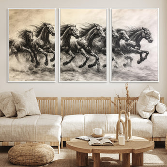 56089591-MGV-CV-36X24-Galloping Horses Wall Art Canvas Print, Framed Wild Stallions Art Picture Print, Horse Herd Sketch Perfect Monochrome Dynamic