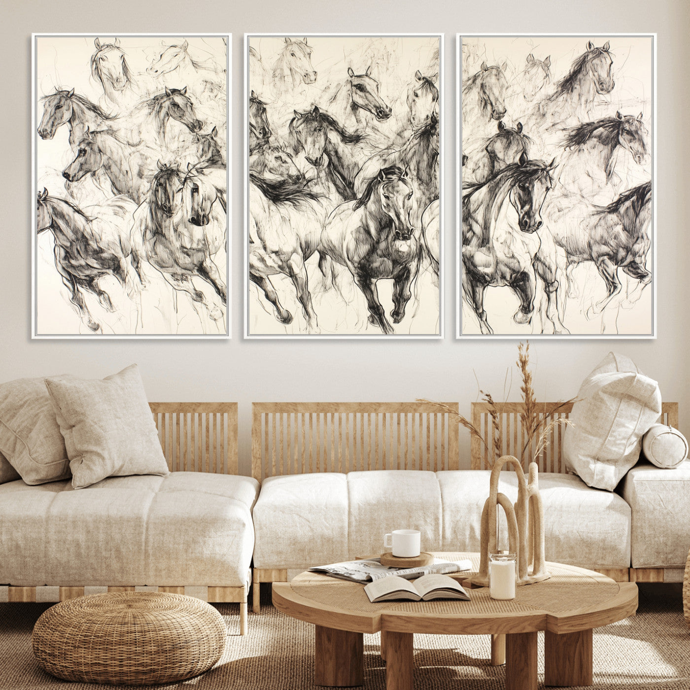 19433417-MGV-CV-36X24-Running Horses Wall Art Canvas Print, Framed Horse Sketch Art Picture Print, Galloping Herd Perfect Monochrome Western Decor