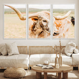 21060648-MGV-FC-60X30-3P_White-Texas Longhorn Wall Art Canvas Print, Framed Speckled Cow Art Picture Print, Rustic Bull Perfect Rustic Western Decor Artwork