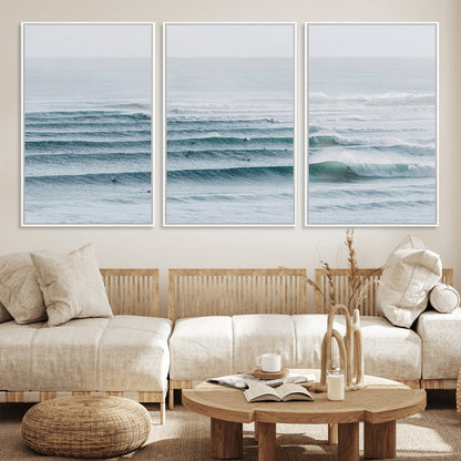 73969318-MGV-CV-36X24-Ocean Waves Wall Art Canvas Print, Framed Surfer Lineup Art Picture Print, Crowded Ocean Perfect Minimal Coastal Decor Artwork