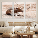 25407592-MGV-CV-36X24-Texas Longhorn Wall Art Canvas Print, Framed Resting Bull Art Picture Print, Spotted Cattle Perfect Rustic Western Decor Artwork
