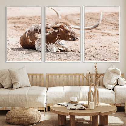 25407592-MGV-CV-36X24-Texas Longhorn Wall Art Canvas Print, Framed Resting Bull Art Picture Print, Spotted Cattle Perfect Rustic Western Decor Artwork