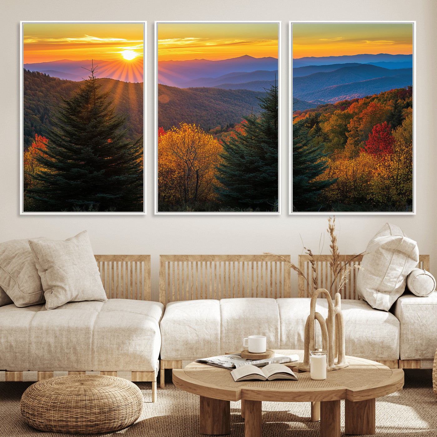 36964931-MGV-FC-60X30-3P_White-Autumn Mountains Wall Art Canvas Print, Framed Sunset Glow Forest Art Picture Print, Golden Trees Perfect Vibrant Nature Decor
