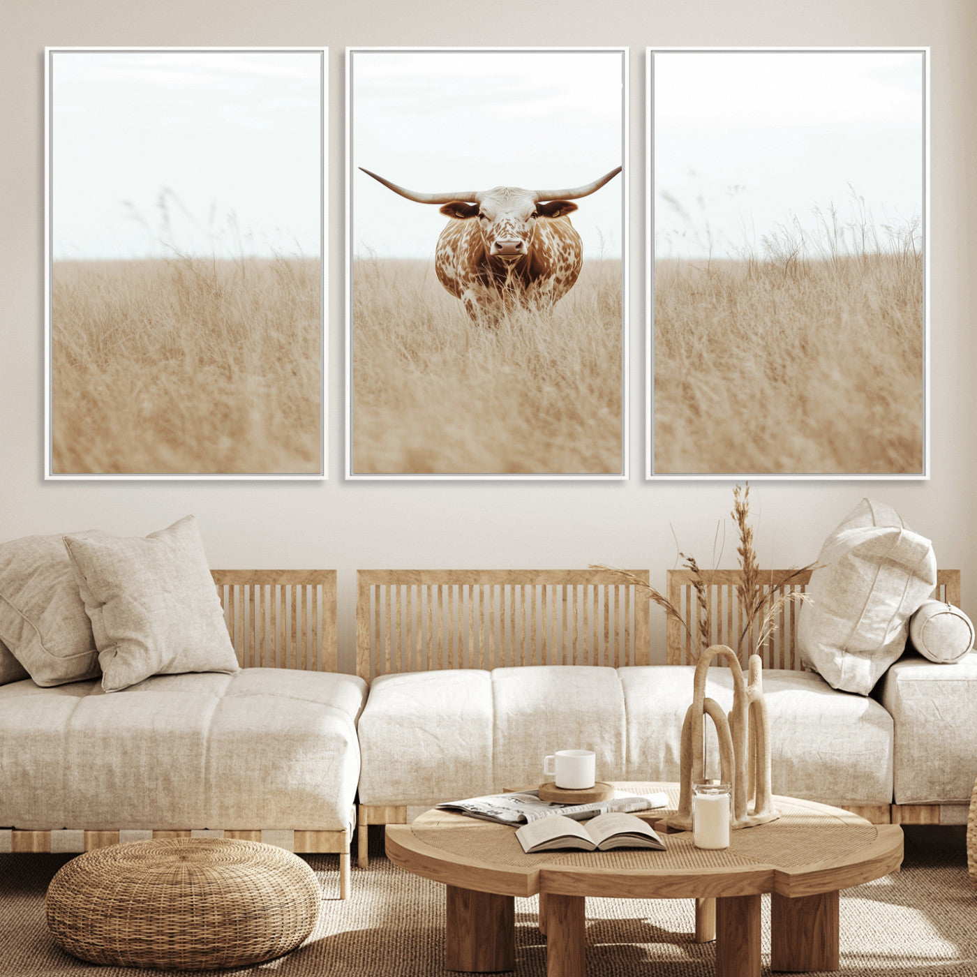 20927060-MGV-FC-60X30-3P_White-Texas Longhorn Wall Art Canvas Print, Framed Lone Cattle Art Picture Print, Longhorn Bull Perfect Rustic Western Decor Artwork