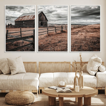 73898372-MGV-CV-36X24-Rustic Barn Wall Art Canvas Print, Framed Moody Field Art Picture Print, Weathered Fence Perfect Moody Farmhouse Decor Artwork