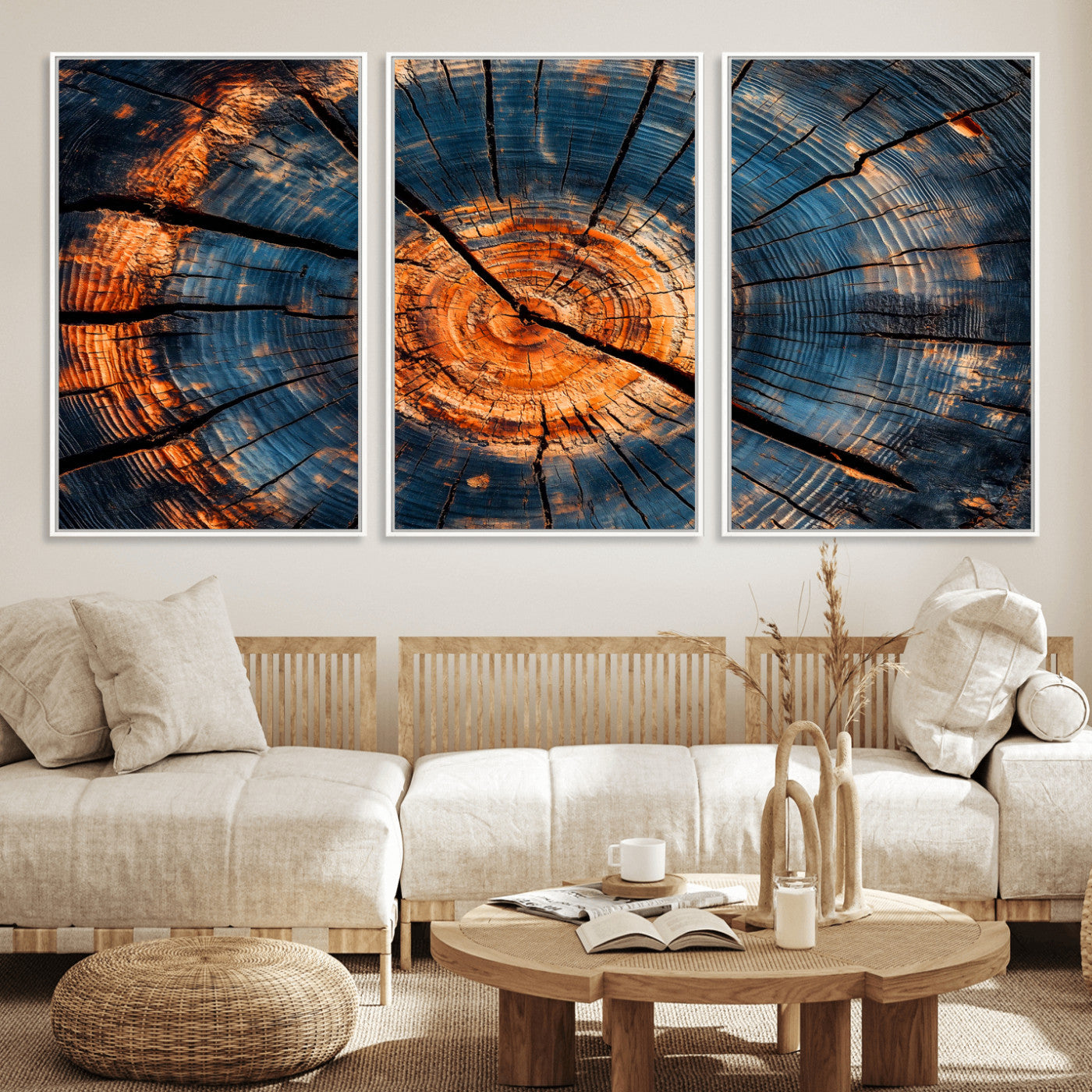 81894502-MGV-FC-60X30-3P_White-Burnt Wood Wall Art Canvas Print, Framed Aged Timber Art Picture Print, Rustic Tree Slice Perfect Rustic Decor Artwork for Home,
