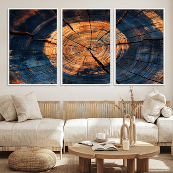 18975622-MGV-FC-60X30-3P_White-Burnt Wood Wall Art Canvas Print, Framed Aged Timber Art Picture Print, Rustic Tree Slice Perfect Rustic Decor Artwork for Home,