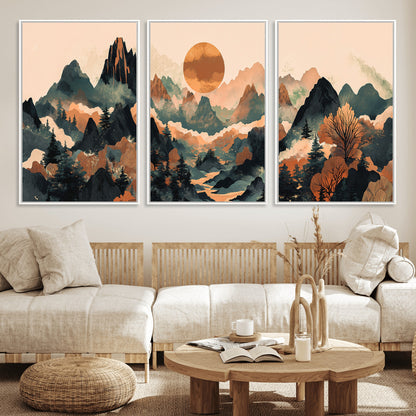 13012770-MGV-FC-60X30-3P_White-Mountain Landscape Wall Art – Modern Nature Canvas Print with Sun, Misty Peaks, and Forest in Orange and Green Tones for Living