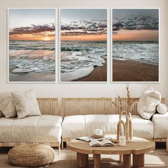 40632752-MGV-FC-60X30-3P_White-Ocean Sunset Wall Art Canvas Print, Framed Beach Waves Art Picture Print, Coastal Scene Perfect Coastal Decor Artwork