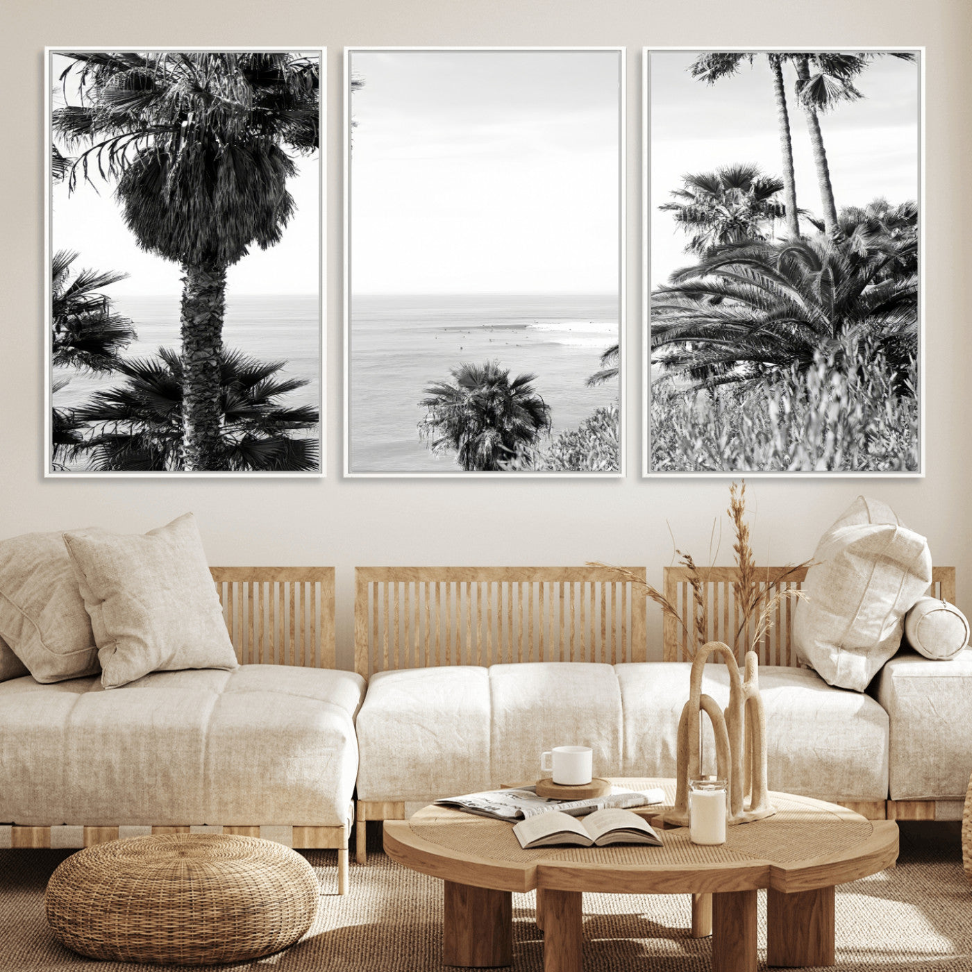 89458520-MGV-CV-36X24-Palm Trees Wall Art Canvas Print, Framed Coastal View Art Picture Print, Ocean Horizon Perfect Monochrome Coast Decor Artwork