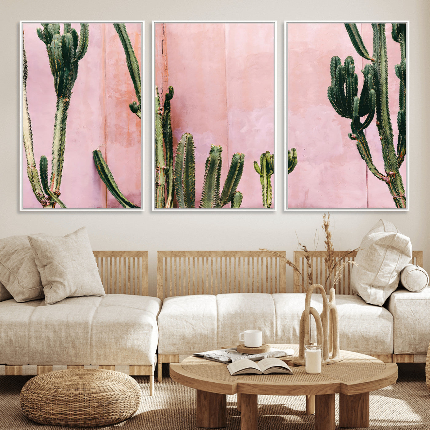 93119502-MGV-CV-36X24-Tall Cactus Wall Art Canvas Print, Framed Pink Wall Art Picture Print, Cactus Lines Perfect Modern Desert Decor Artwork