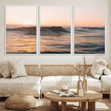 46299358-MGV-FC-60X30-3P_White-Sunset Waves Wall Art Canvas Print, Framed Ocean Horizon Art Picture Print, Golden Water Perfect Golden Hour Coastal Decor Artwork