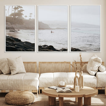 62501405-MGV-CV-36X24-Misty Beach Wall Art Canvas Print, Framed California Surfer Art Picture Print, Coastal Cliff Perfect Coastal Beach Decor Artwork