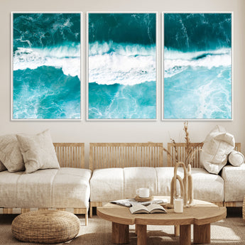 23828594-MGV-CV-36X24-Aerial Waves Wall Art Canvas Print, Framed Ocean Break Art Picture Print, Sea Foam Perfect Tropical Coastal Decor Artwork
