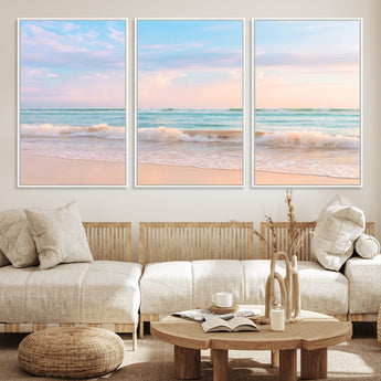 74679437-MGV-CV-36X24-Pastel Ocean Wall Art Canvas Print, Framed Beach Waves Art Picture Print, Soft Sunset Perfect Pastel Coastal Decor Artwork