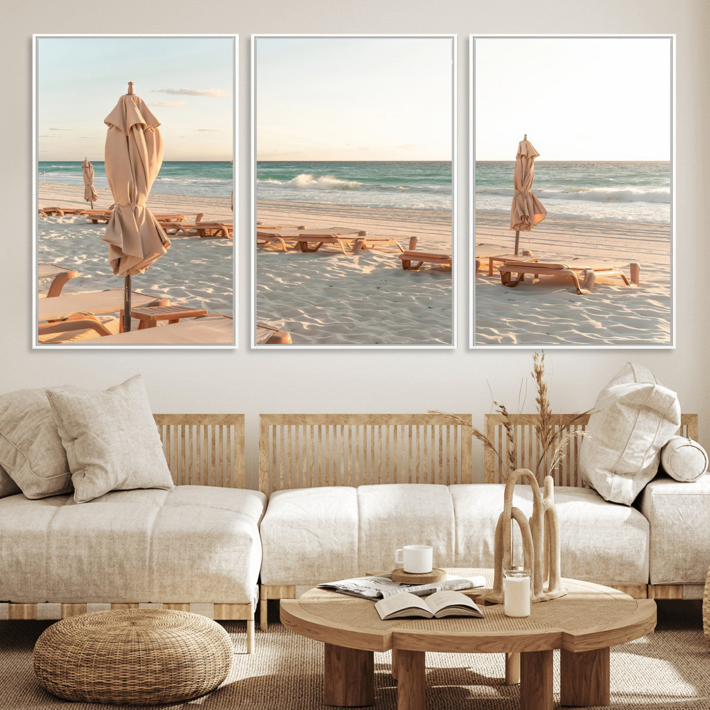 58507949-MGV-FC-60X30-3P_White-Beach Umbrellas Wall Art Canvas Print, Framed Empty Loungers Art Picture Print, Soft Sand Perfect Minimalist Seaside Decor Artwork