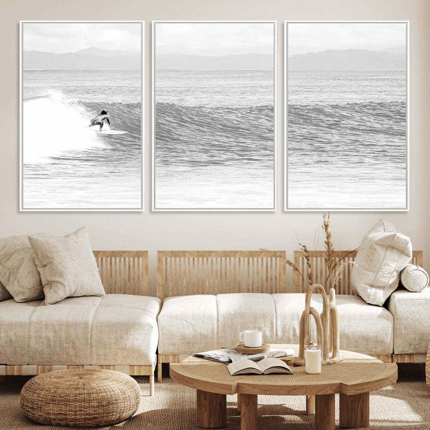 81535128-MGV-CV-36X24-Surfer Woman Wall Art Canvas Print, Framed Black Ocean Art Picture Print, Ocean Surfing Perfect Monochrome Coastal Decor Artwork