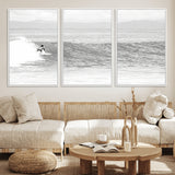 81535128-MGV-FC-60X30-3P_White-Surfer Woman Wall Art Canvas Print, Framed Black Ocean Art Picture Print, Ocean Surfing Perfect Monochrome Coastal Decor Artwork
