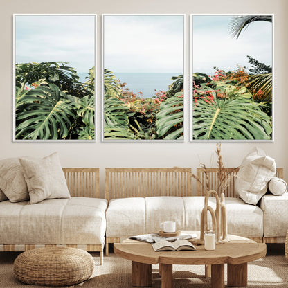 45700479-MGV-CV-36X24-Monstera Leaves Wall Art Canvas Print, Framed Tropical Ocean Art Picture Print, Tropical Foliage Perfect Tropical Coastal Jungle
