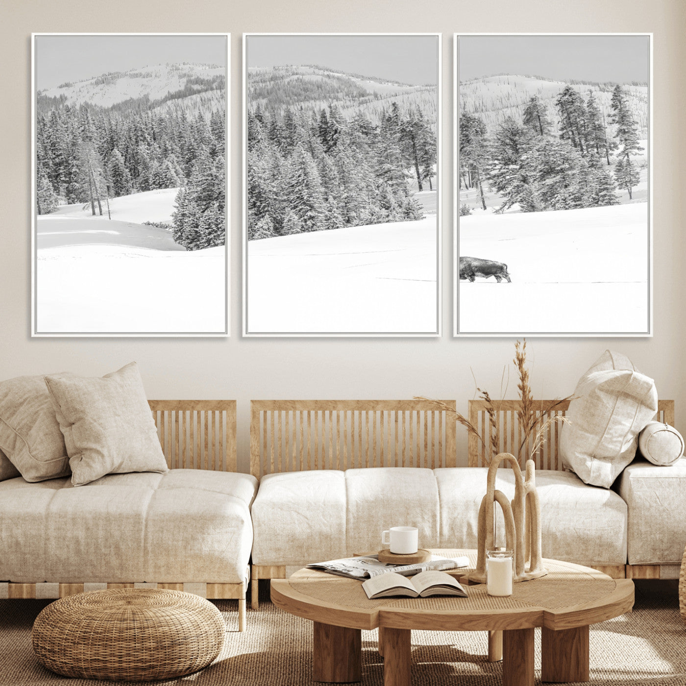 68081143-MGV-CV-36X24-Snowy Bison Wall Art Canvas Print, Framed Winter Forest Art Picture Print, Lone Bison Perfect Monochrome Winter Wild Decor Artwork