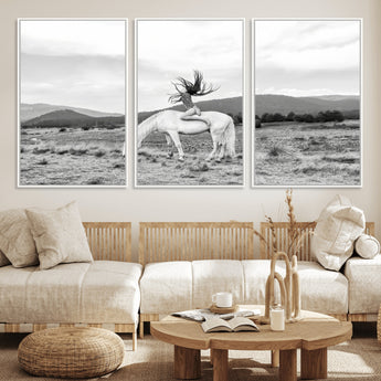 62789800-MGV-FC-60X30-3P_White-White Horse Wall Art Canvas Print, Framed Woman Rider Art Picture Print, Equestrian Pose Perfect Western Boho Decor Artwork