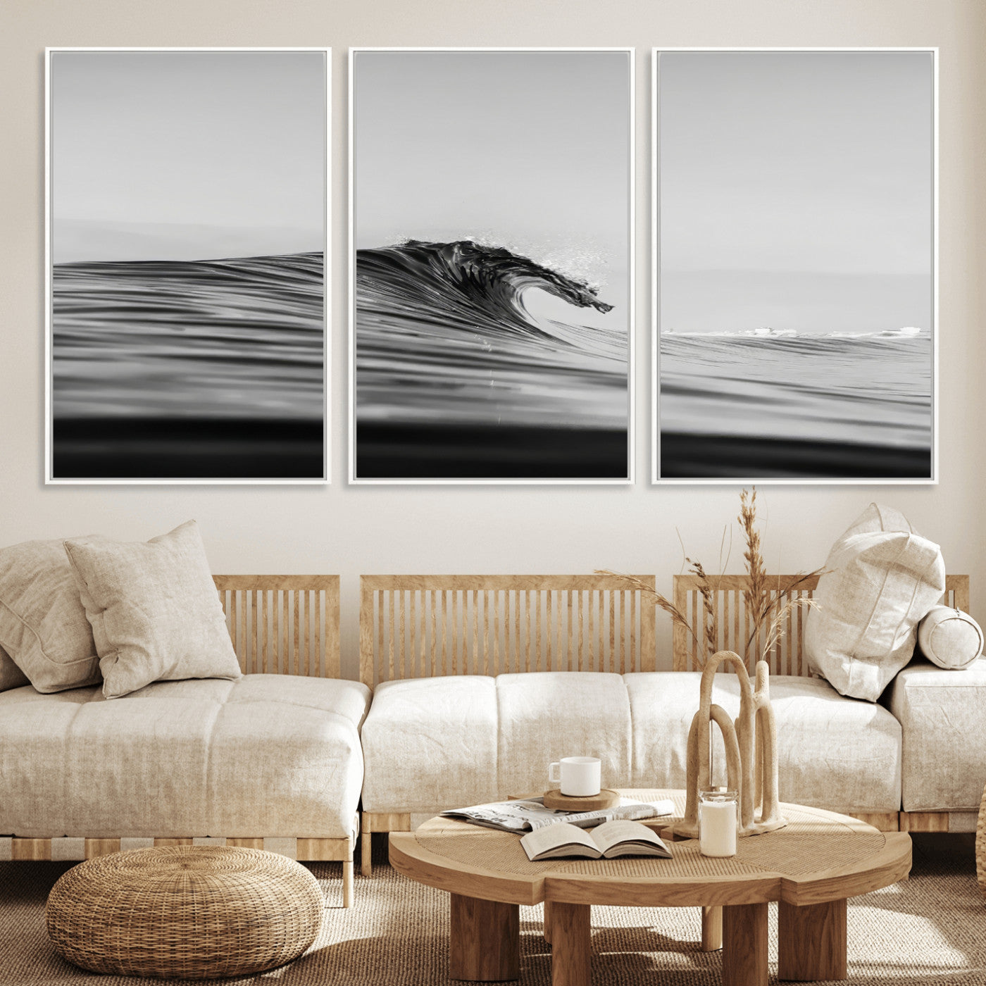 24029476-MGV-FC-60X30-3P_White-Black Wave Wall Art Canvas Print, Framed Abstract Surf Art Picture Print, Minimalist Ocean Perfect Minimalist Coastal Decor