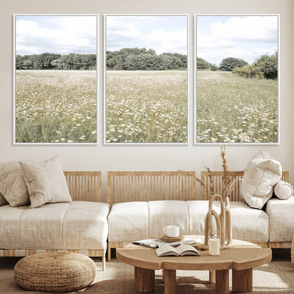 43258946-MGV-CV-36X24-Daisy Field Wall Art Canvas Print, Framed Pastel Flower Art Picture Print, Meadow Bloom Perfect Scandinavian Minimalist Decor