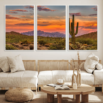 25332783-MGV-FC-60X30-3P_White-Saguaro Cactus Wall Art Canvas Print, Framed Arizona Sunset Art Picture Print, Sonoran Desert Perfect Southwestern Boho Decor