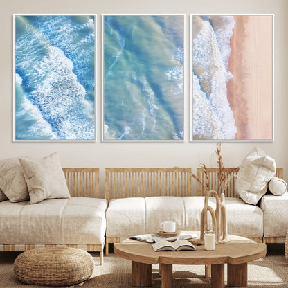 17641845-MGV-FC-60X30-3P_White-Aerial Ocean Wall Art Canvas Print, Framed Blue Waves Art Picture Print, Sandy Shoreline Perfect Modern Coastal Decor Artwork