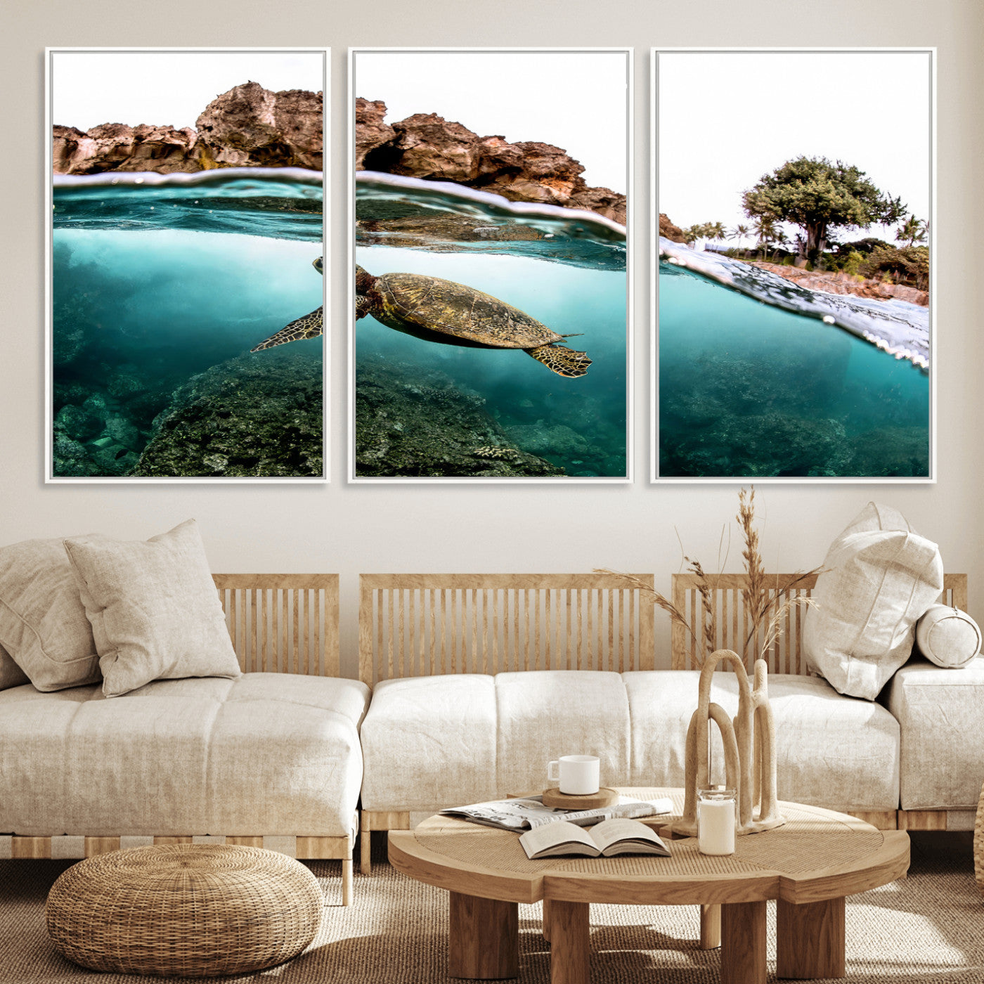 44200301-MGV-FC-60X30-3P_White-Sea Turtle Swim Wall Art Canvas Print, Framed Ocean Life Art Picture Print, Tropical Shoreline Perfect Tropical Coastal Decor