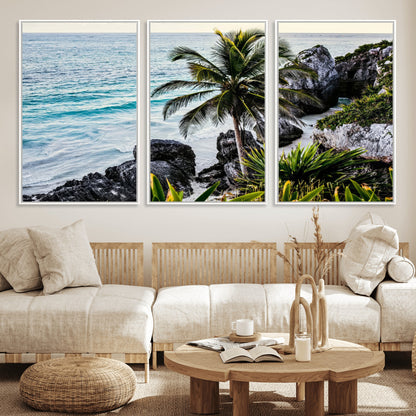 94669907-MGV-CV-36X24-Tropical Coastline Wall Art Canvas Print, Framed Palm Tree Art Picture Print, Rocky Beach Perfect Tropical Coastal Decor Artwork