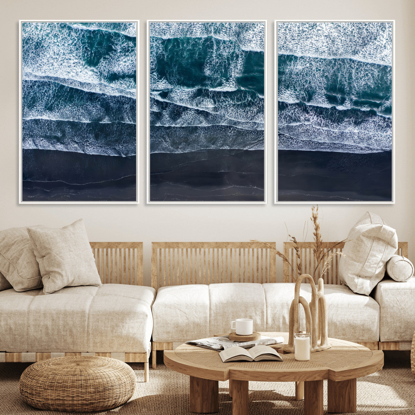87941475-MGV-CV-36X24-Black Beach Wall Art Canvas Print, Framed Aerial Ocean Art Picture Print, Moody Coastal Perfect Modern Coastal Decor Artwork