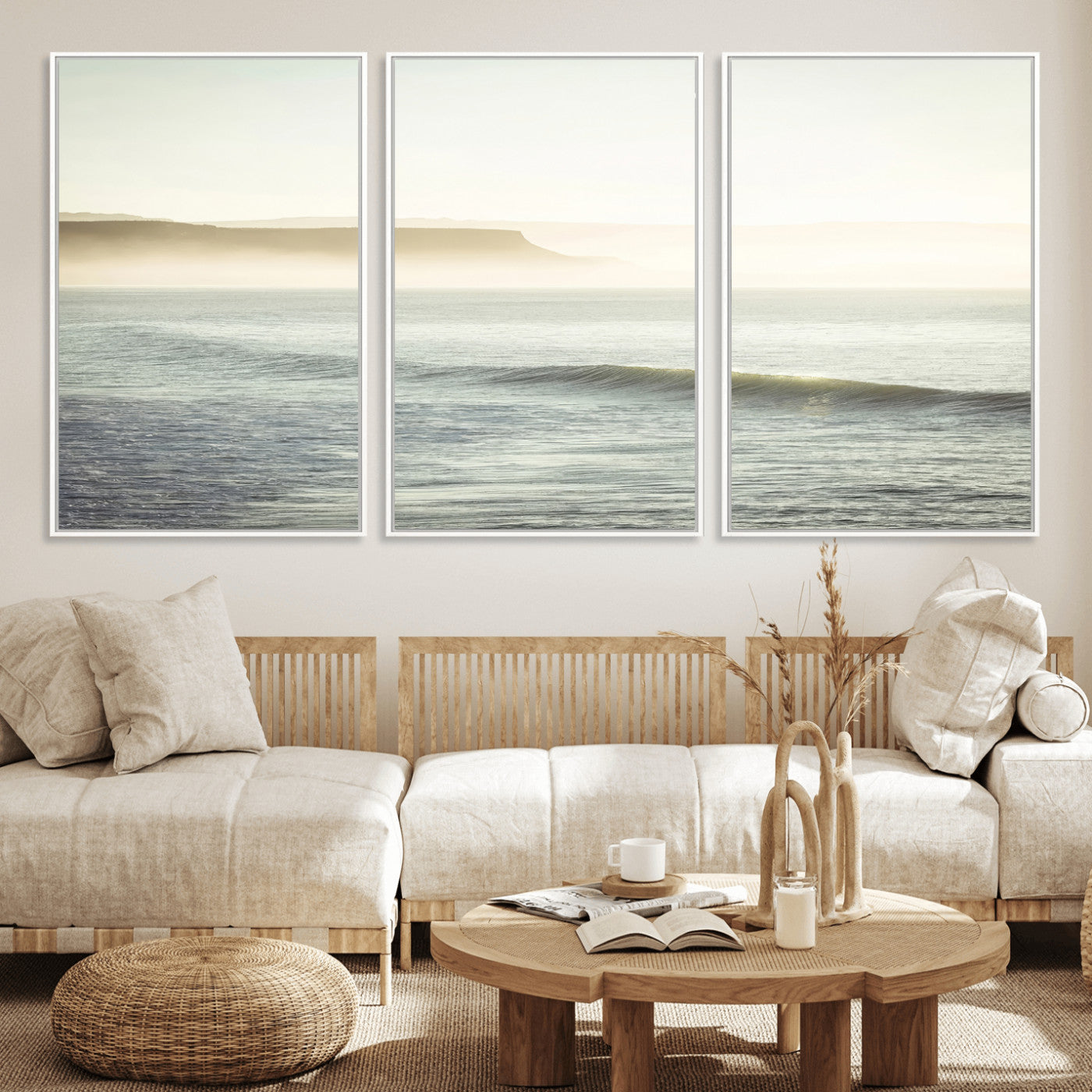 39310633-MGV-CV-36X24-Coastal Cliffs Wall Art Canvas Print, Framed Misty Ocean Art Picture Print, Morning Light Perfect Minimalistic Coastal Decor