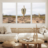 96147924-MGV-FC-60X30-3P_White-Saguaro Cactus Wall Art Canvas Print, Framed Desert Cactus Art Picture Print, Earthy Desert Perfect Southwestern Boho Decor